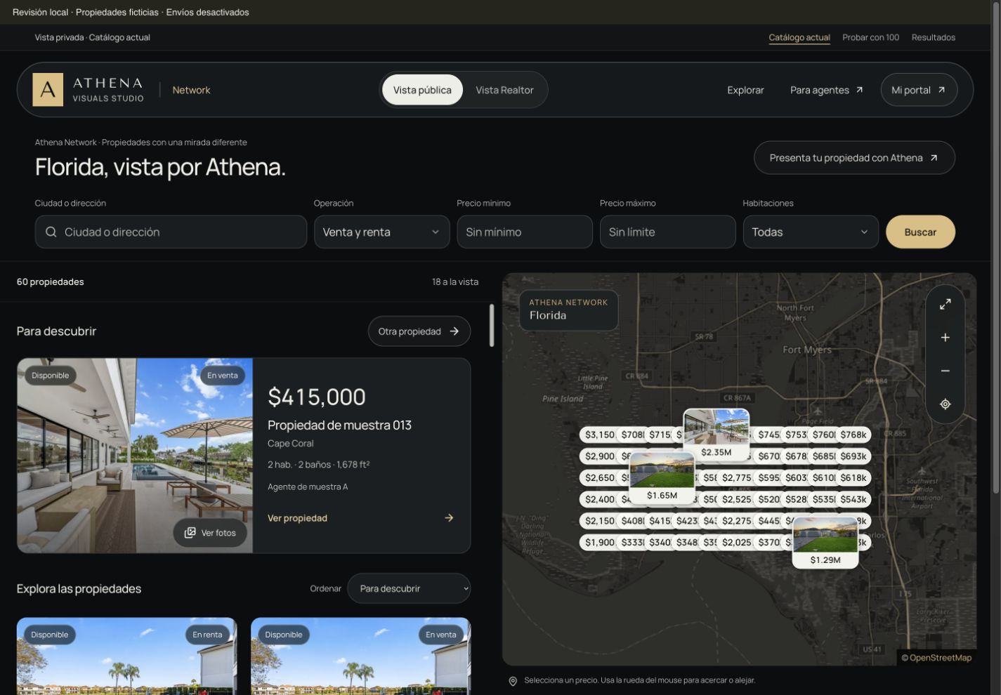 Athena Network: mapa y propiedad de demostración con datos ficticios